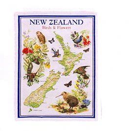 New Zealand Map Birds & Flowers Tea Towel - MBF10